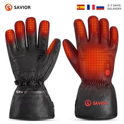 Savior-Genuine Leather Sheepskin Electric Heating Gloves, Waterproof Motorcycle Gloves, Hiking Gloves, Outdoor Sports, Winter