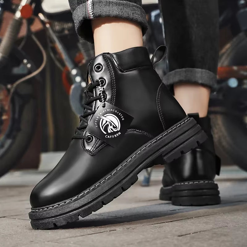 Men'S Motorcycle Boots Winter Black High Top Leisure All-Match Lace up Men'S Casual Boots Non-Slip Trend Rubber Men Flat Boots