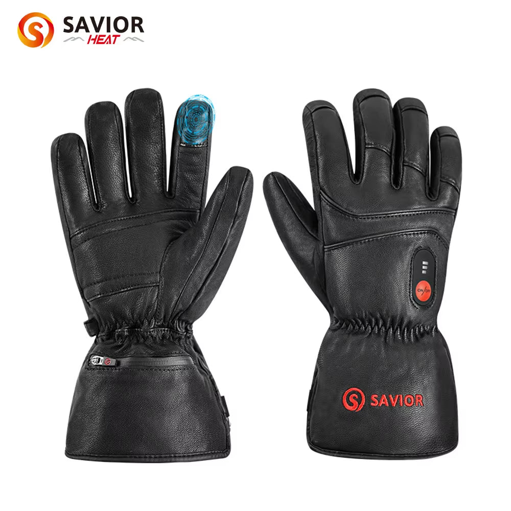 Savior-Genuine Leather Sheepskin Electric Heating Gloves, Waterproof Motorcycle Gloves, Hiking Gloves, Outdoor Sports, Winter