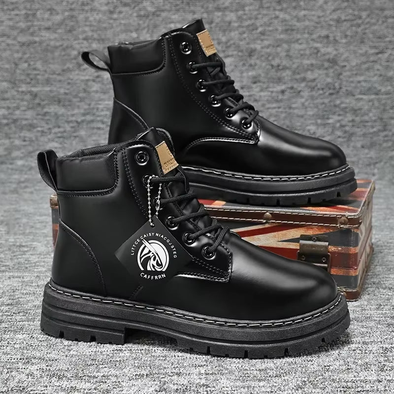Men'S Motorcycle Boots Winter Black High Top Leisure All-Match Lace up Men'S Casual Boots Non-Slip Trend Rubber Men Flat Boots